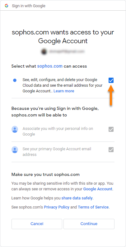 Concessão de acesso do Google Directory Sync ao Sophos.