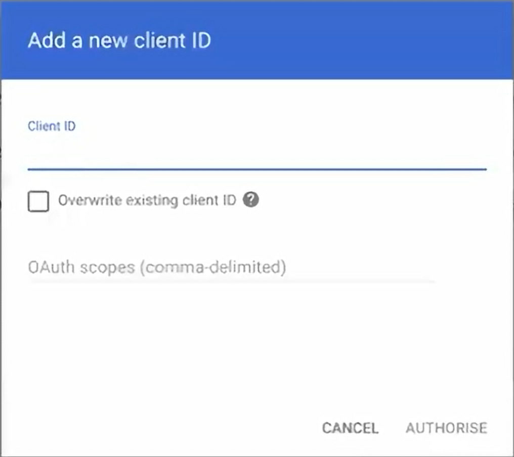 ID do cliente do Google Workspace e escopo OAuth.