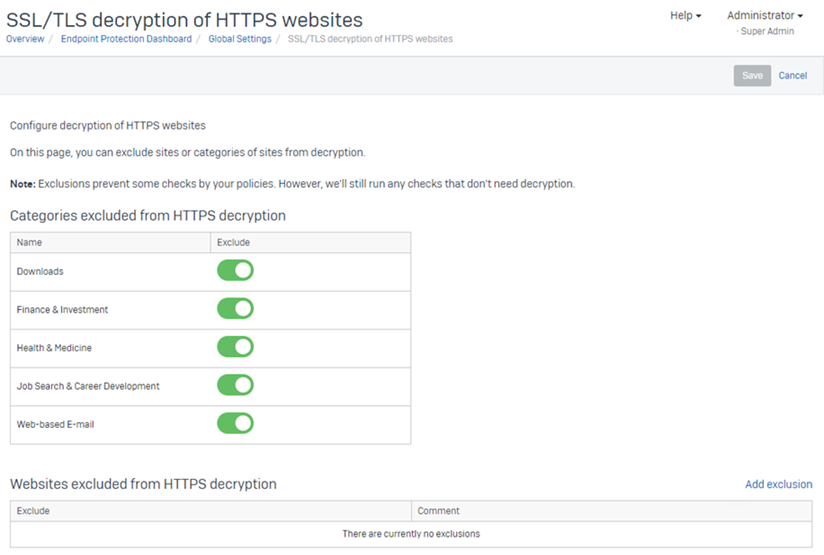 Sección Exclusiones de la página de descifrado SSL/TLS