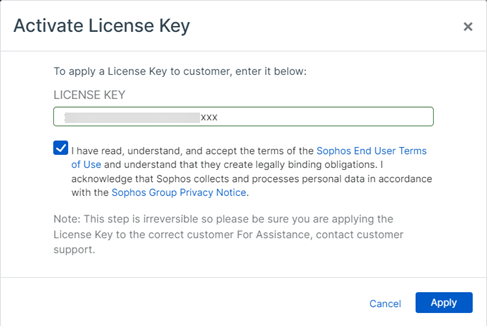 Introduzca la clave de licencia de Sophos MDR.