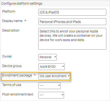 SSP platform settings for Apple User Enrollment.