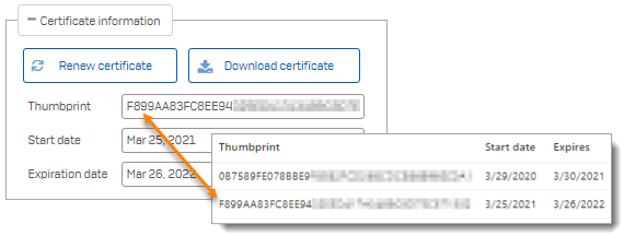 Certificate thumbprint in Sophos Mobile and the Azure portal.