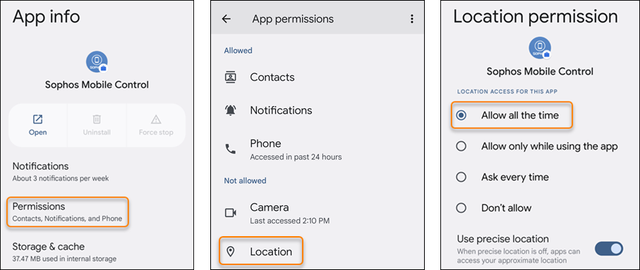 Three images showing the locations of the "Permissions", ""Location", and "Allow all the time" buttons.