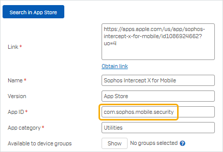 iOS および iPadOS アプリの識別子は、Sophos Mobile によって App Store から取得されます。