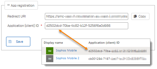Sophos Mobile 和 Azure 门户中的应用程序 (客户端) ID值。