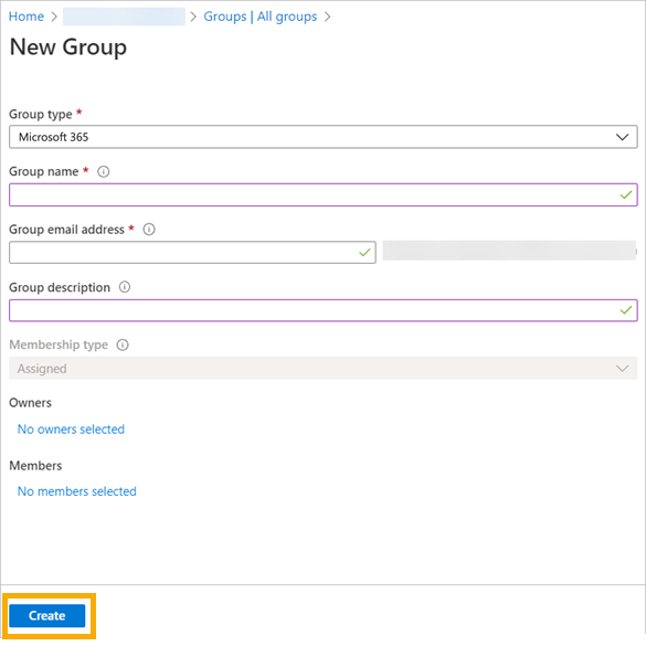 Screenshot of New group dialog in Microsoft Entra ID (Azure AD)