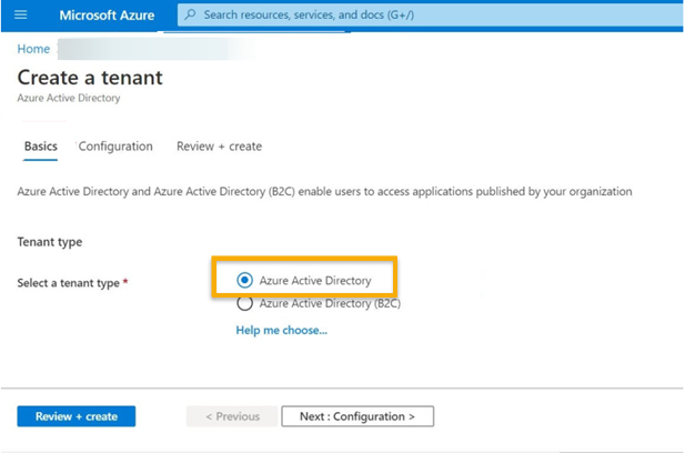 Tenant Basics tab in Microsoft Entra ID (Azure AD).