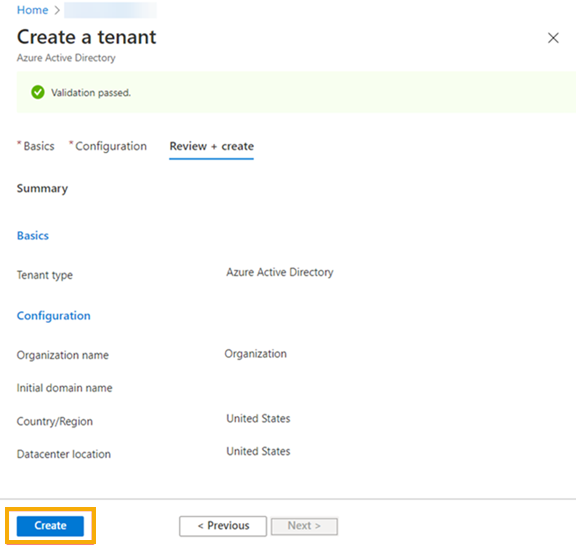 Final screen to create tenant in Microsoft Entra ID (Azure AD)