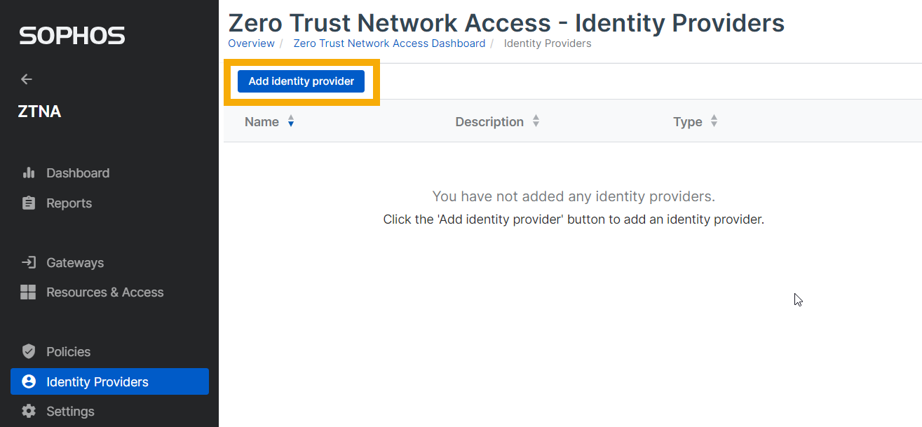 Identity providers page in Sophos Central.