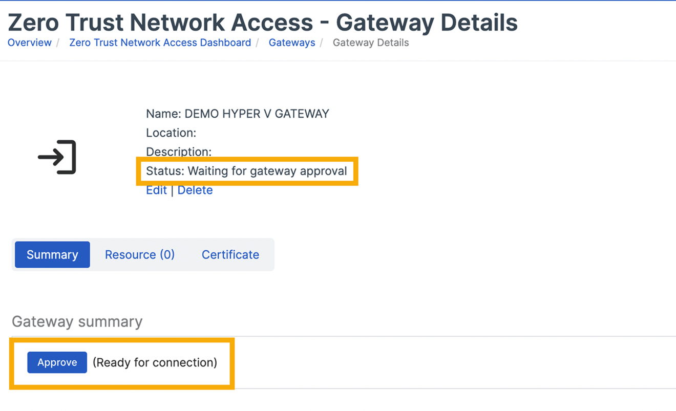 Gateway status with Approve button.