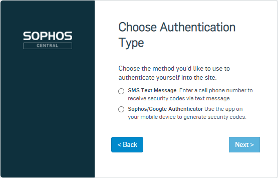 Screenshot des Bildschirms „Authentifizierungstyp auswählen“.