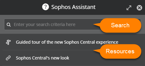 Das Fenster „Sophos Assistent“ mit der Suchleiste oben und der Liste der Hilferessourcen unten.