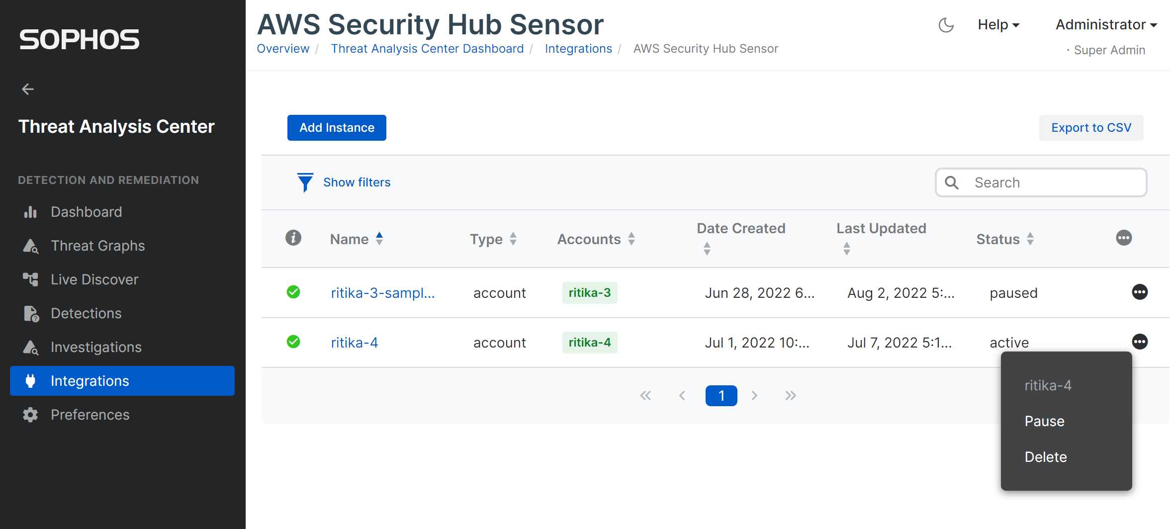 AWS Security Hub integration settings menu.