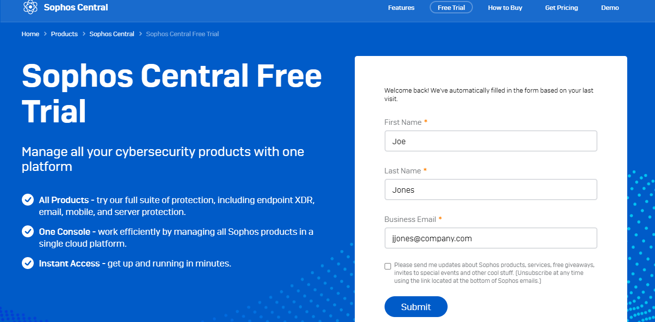 Screenshot of free trial sign-up page