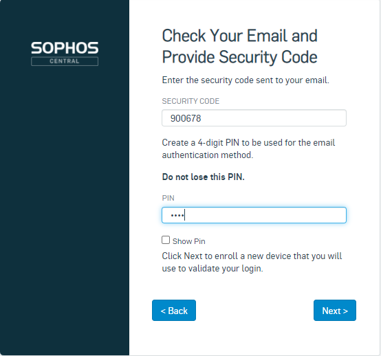 Screenshot of Provide Security Code screen