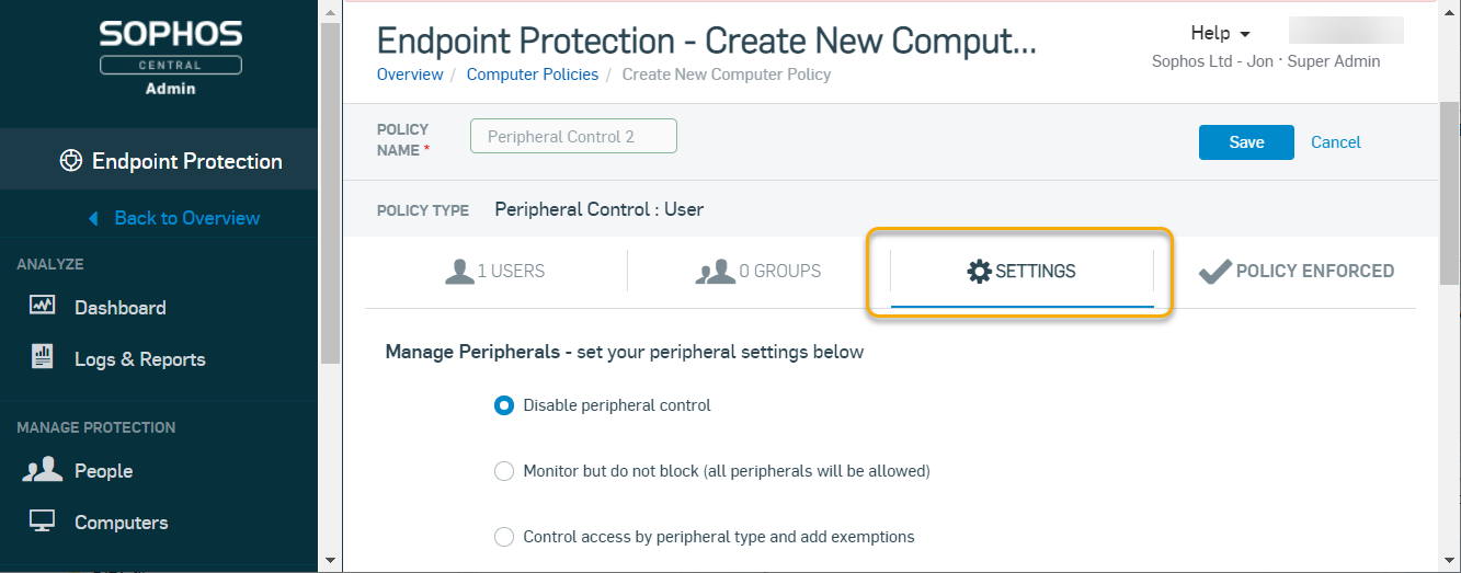 Screenshot of Peripheral Control policy settings
