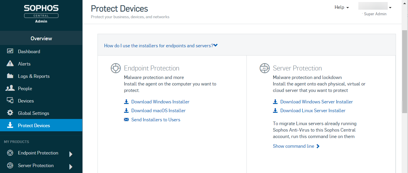 Screenshot of the Protect Devices or Downloads page.