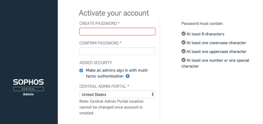 Screenshot of account activation page