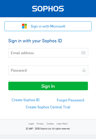 Screenshot of Sophos sign-in screen