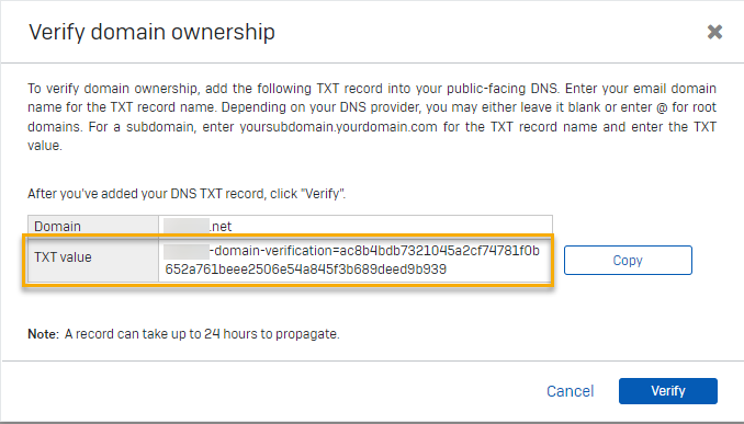 TXT value for verifying domain ownership.