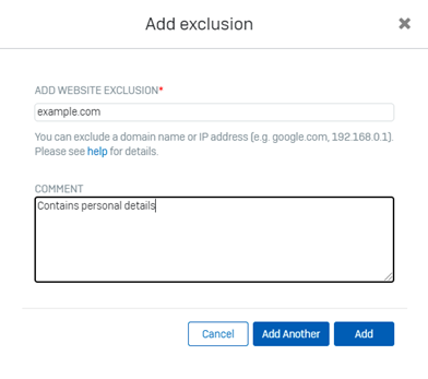 "Add exclusion" dialog.