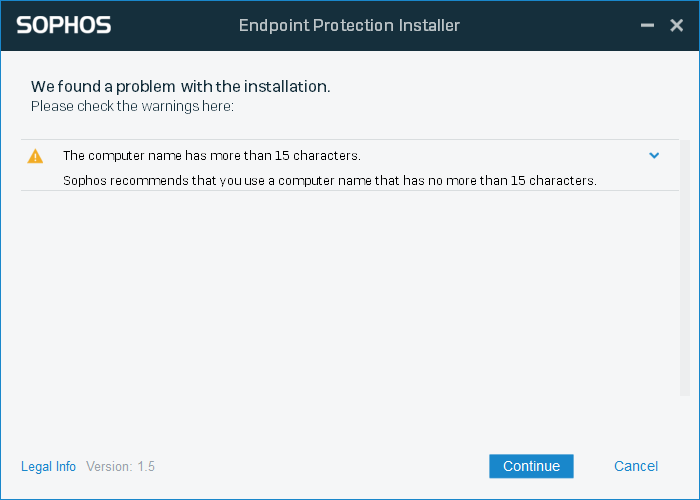 Captura de pantalla del mensaje de advertencia del instalador
