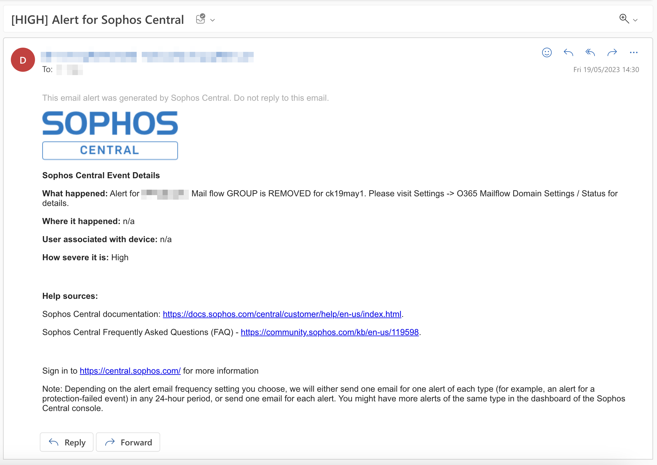 Notificación por correo electrónico de Sophos Mailflow