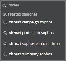 La barra de búsqueda con el término "amenaza" introducido y una lista de términos de búsqueda sugeridos.