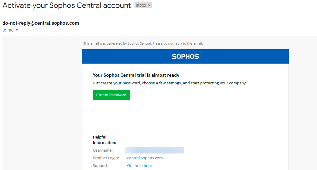 Captura de pantalla del correo electrónico de bienvenida de Sophos