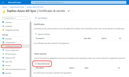 Captura de tela mostrando certificados e segredos.
