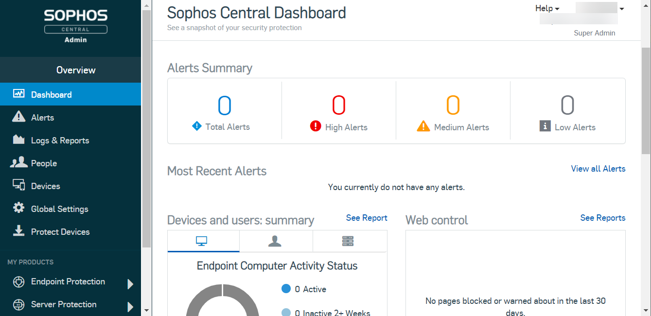 Painel do Sophos Central Admin
