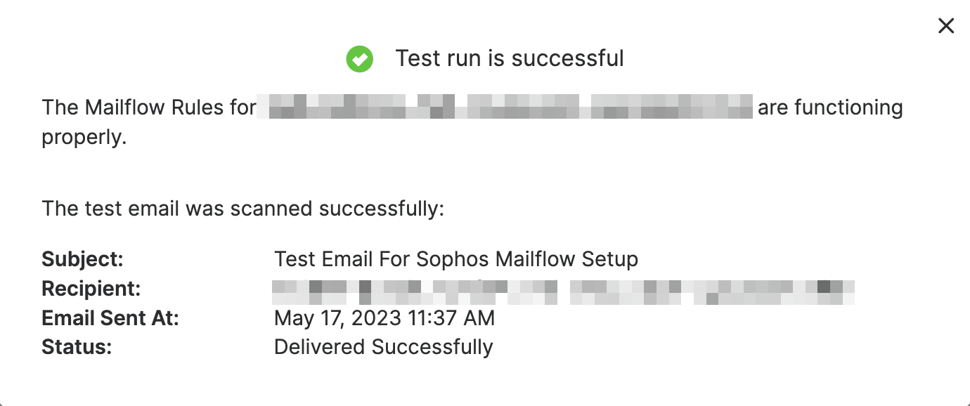 Teste do Sophos Mailflow bem-sucedido