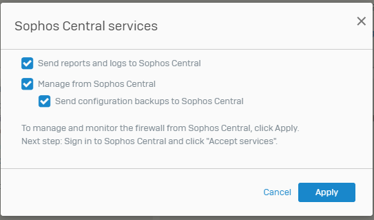Selecionar serviços do Sophos Central.
