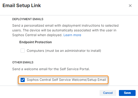 Caixa de diálogo Link de Configuração de E-mail com a opção de acesso SSP selecionada.