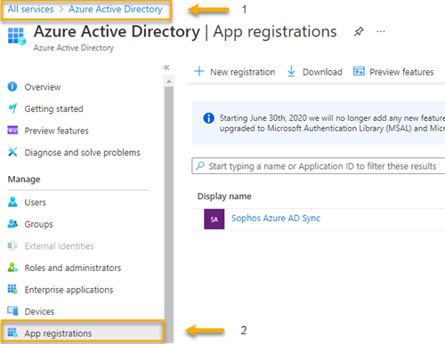 顯示 Azure Active Directory 和應用程式註冊的螢幕擷取畫面。