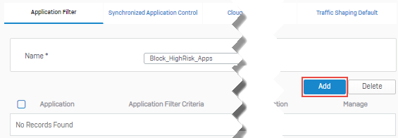 Add button for application filter rules