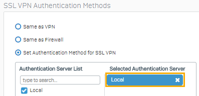 Authentication server set to Local in SSL VPN authentication methods