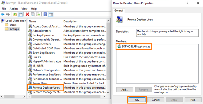 Remote Desktop Users group properties showing members.