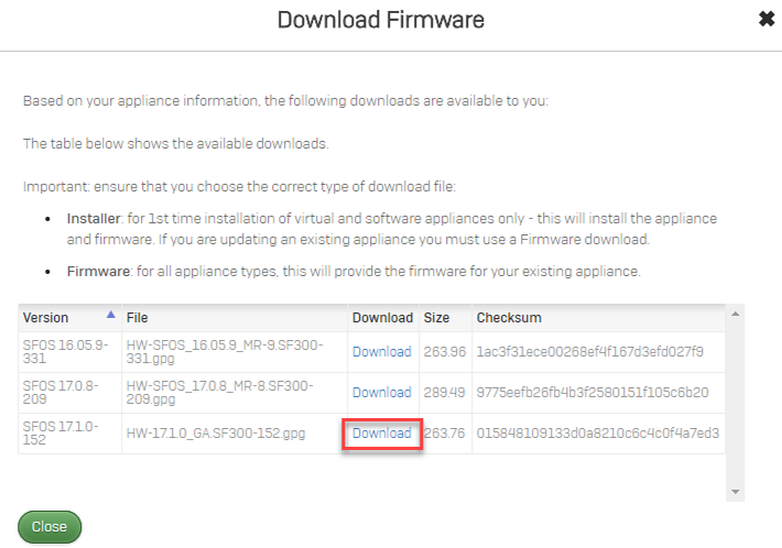 Download firmware from the Sophos licensing portal
