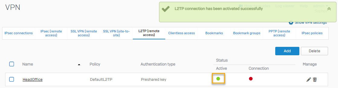 VPN connection status showing as connected