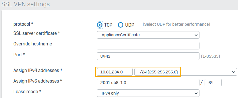 Subnet to assign IP addresses to remote access SSL VPN users