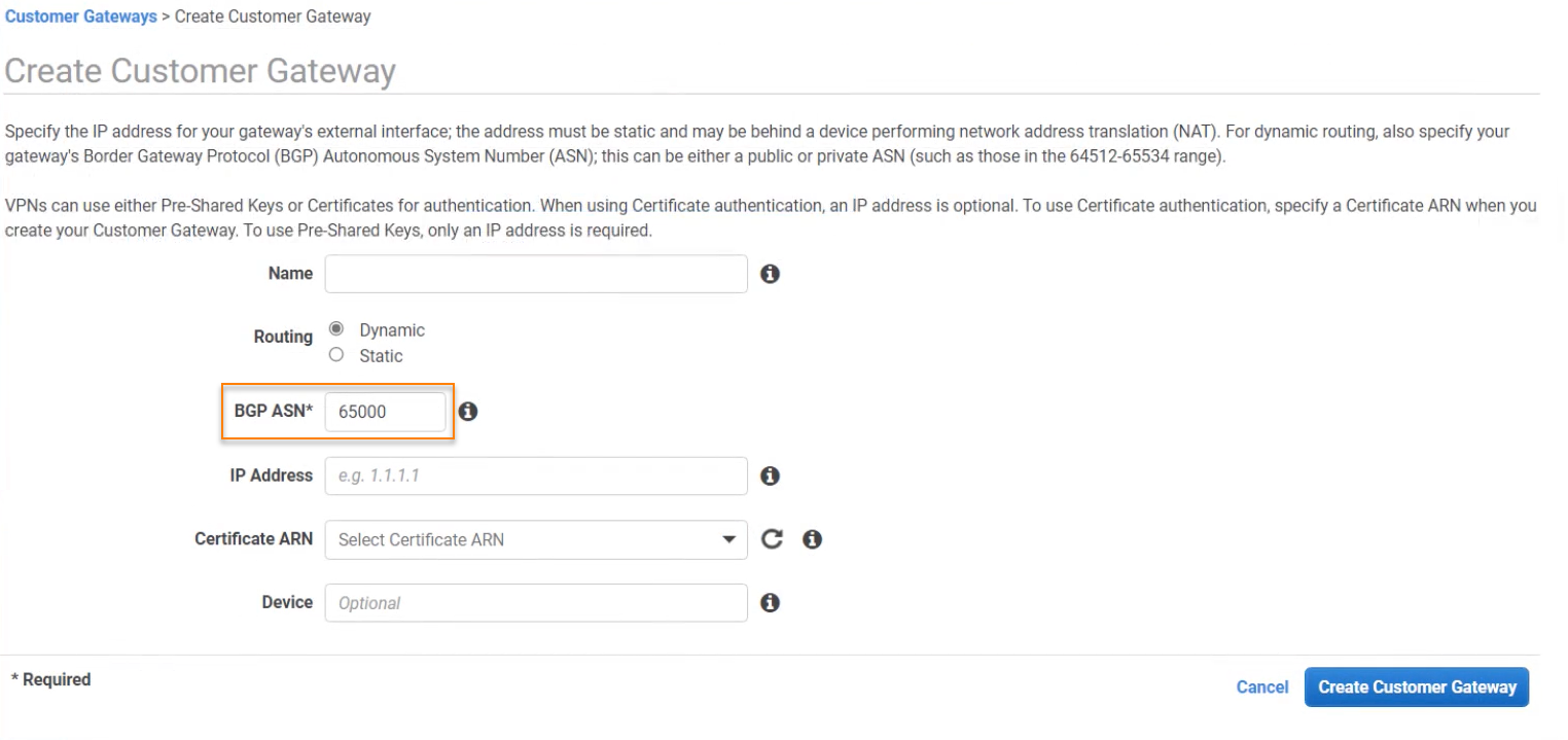 Enter the firewall's ASN on the create customer gateway page in AWS
