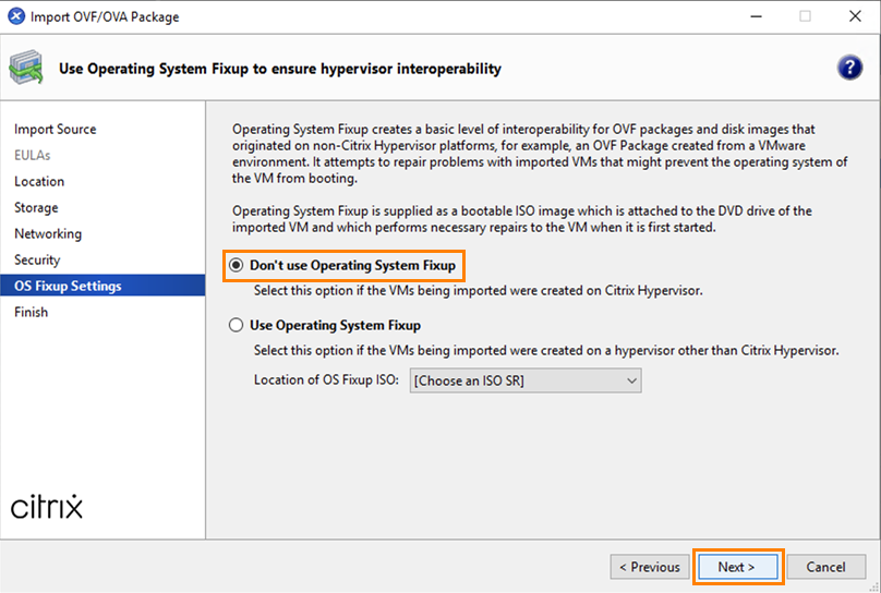 Operating system fixup dialog with default selection.