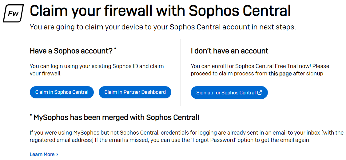 Screenshot showing how to sign in or create a Sophos Central account.