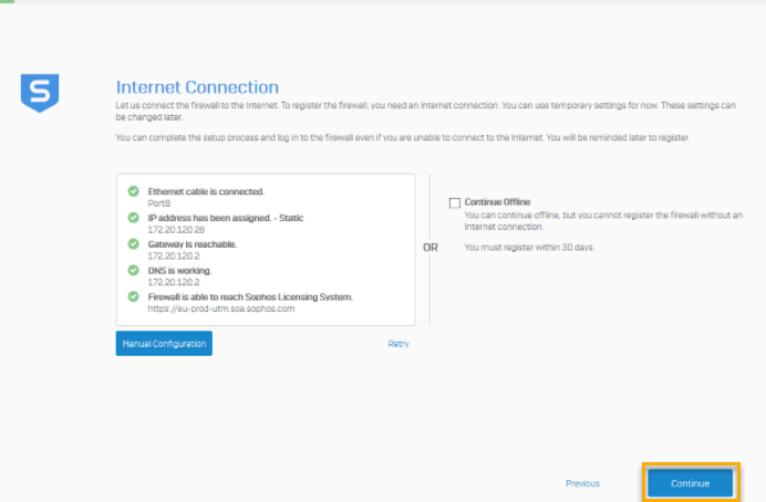 Internet connection screen with the continue button.