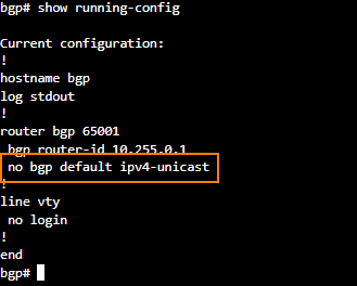 BGP CLI configuration includes no bgp default ipv4-unicast.