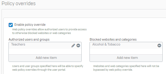 Authorized groups and blocked web categories.