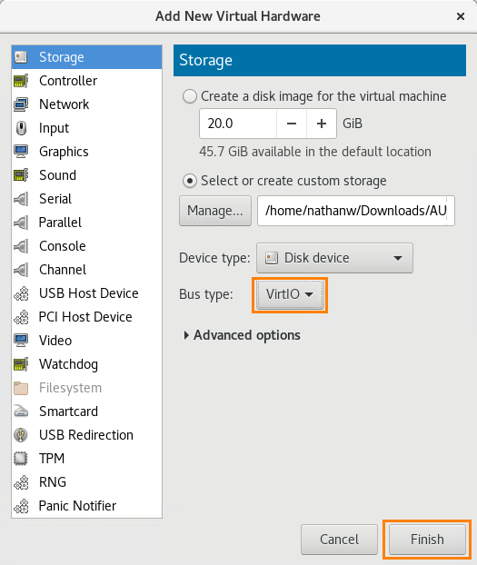Add new virtual hardware dialog with auxiliary disk selected.